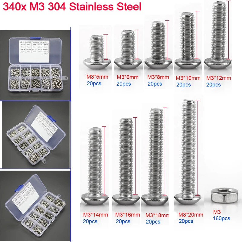 340x M3 304 Stainless Steel Button Head Hex Socket Screw Bolt Nut Kit W/ Box NEW
340x M3 304 Stainless Steel Button Head Hex Socket Screw Bolt Nut Kit W/ Box NEW