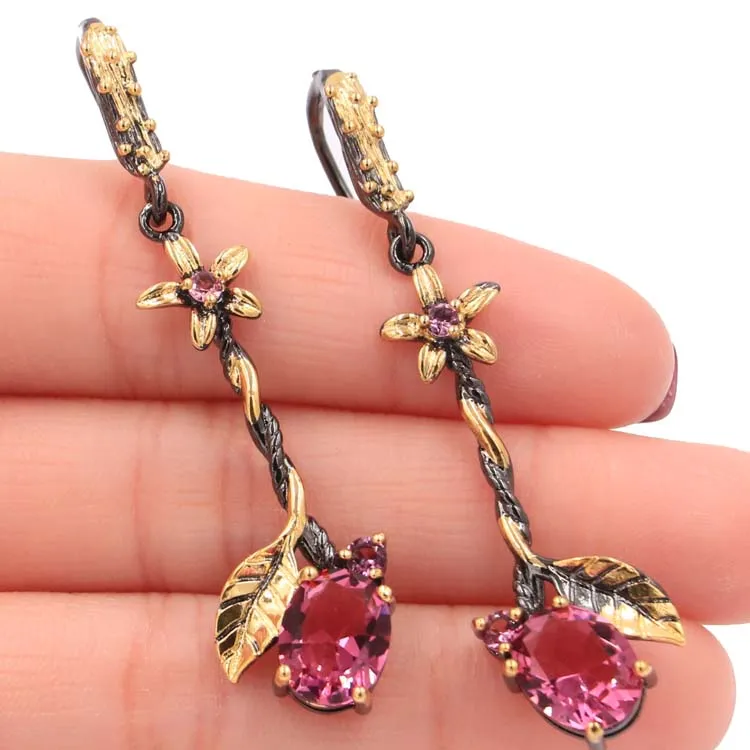 56x15mm Sublime Antique Vintage Pink Tourmaline London Blue Topaz Green Emerald Black Gold Silver Earrings
56x15mm Sublime Antique Vintage Pink Tourmaline London Blue Topaz Green Emerald Black Gold Silver Earrings