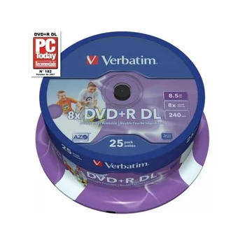 Pack of 25 DL 8x DVD + R 8.5GB Verbatim IW FS 25 CB 43667
Pack of 25 DL 8x DVD + R 8.5GB Verbatim IW FS 25 CB 43667