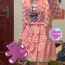 Dulce lindo Rosa Falda Mujer Harajuku y2k Encaje Coreano trim cuadros tutu falda verano colegial japonés estilo falda de cintura alta