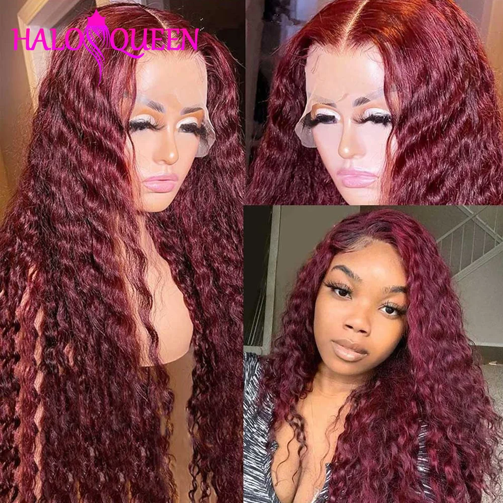 

13x4 Burgundy HD Lace Frontal Wig Pre Plucked Red Win 99J Deep Curly Lace Front Human Hair Wigs 180% Density 4x4 Closure Wig