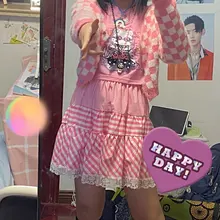 Dulce lindo Rosa Falda Mujer Harajuku y2k Encaje Coreano trim cuadros tutu falda verano colegial japonés estilo falda de cintura alta