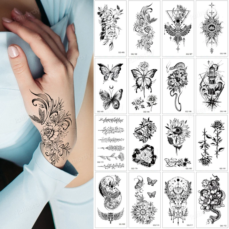 12pcs/lot small tattoo sticker hand finger wrist neck temporary tattoos black butterfly flowers snake birds leaves pattern set | Красота и