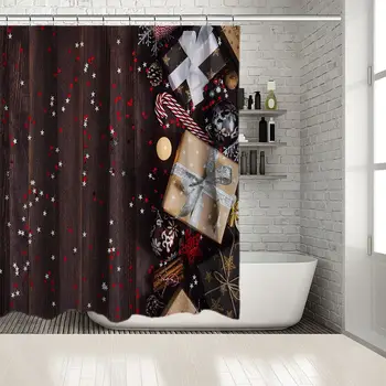 Shower Curtain Ornaments Baubles Candy Canes Pine Cones Snowflakes Wrapped Gifts on Wooden Table Photo Red Beige Brown
Shower Curtain Ornaments Baubles Candy Canes Pine Cones Snowflakes Wrapped Gifts on Wooden Table Photo Red Beige Brown