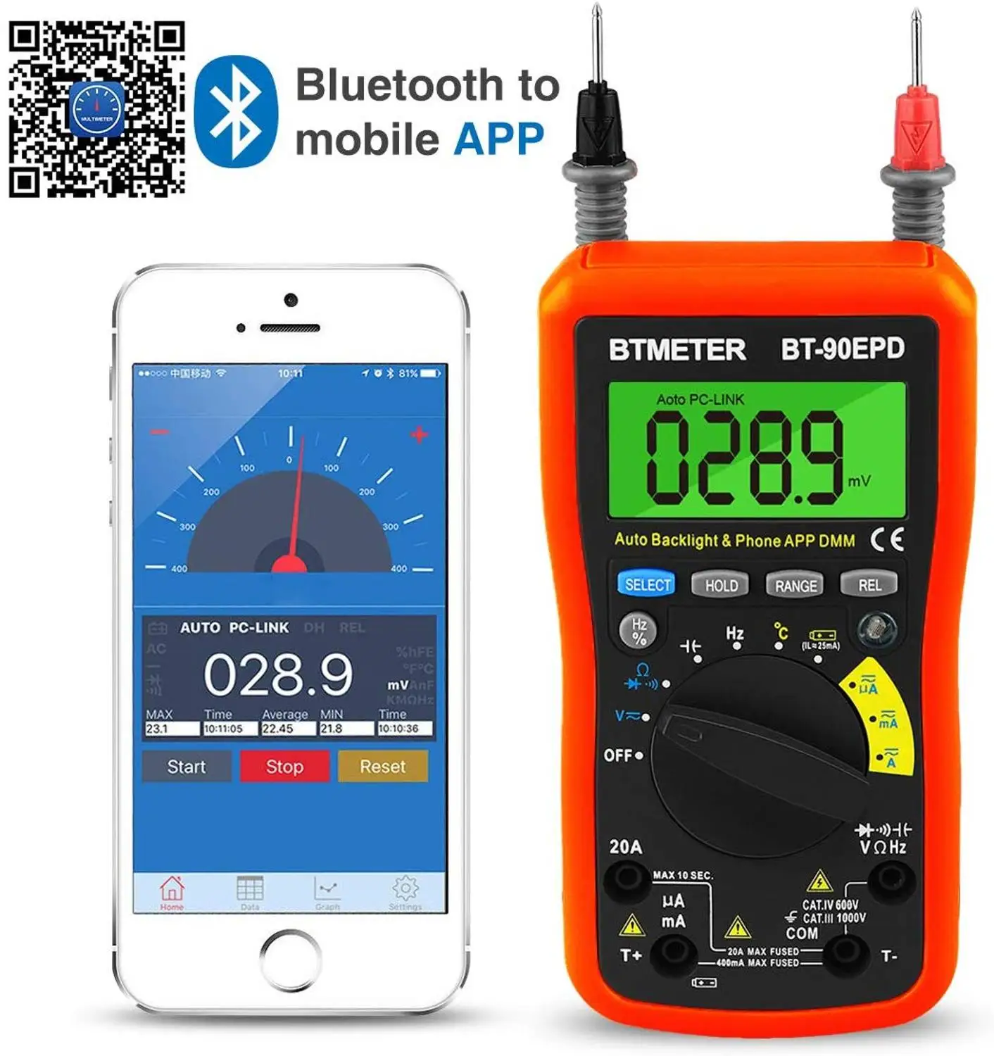 BT-90EPD Digital Multimeter Auto Range Avometer DMM 4000 Counts with Mobile phone APP Bluetooth Auto Backlight,Cap,Hz,Duty Cycle
BT-90EPD Digital Multimeter Auto Range Avometer DMM 4000 Counts with Mobile phone APP Bluetooth Auto Backlight,Cap,Hz,Duty Cycle