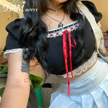 IAMHOTTY Lace Patchwork Kawaii Crop Top Women Lace-up Bow Puff Short Sleeve T Shirt Black Fairycore Clothes Y2K Aesthetic Outfit
IAMHOTTY Lace Patchwork Kawaii Crop Top Women Lace-up Bow Puff Short Sleeve T Shirt Black Fairycore Clothes Y2K Aesthetic Outfit