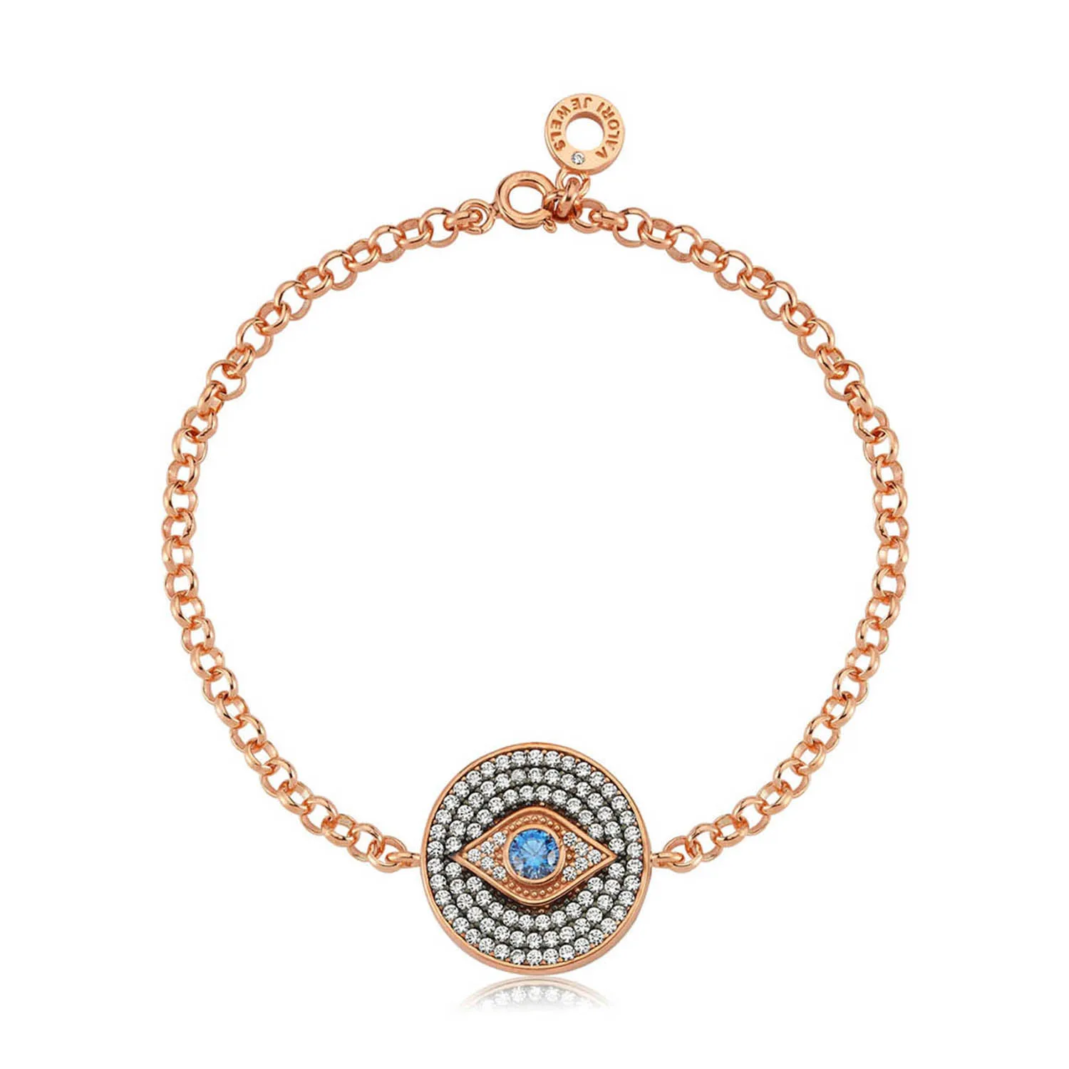 Valori Jewels Medallion Evil Eye, Zirconia White And Fancy Blue Gemstone, Rose Gold Plated, Sterling Silver Bracelet
Valori Jewels Medallion Evil Eye, Zirconia White And Fancy Blue Gemstone, Rose Gold Plated, Sterling Silver Bracelet