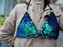 Nayooton-Conjunto de Bikini triangular con lentejuelas brillantes para mujer, ropa de playa Sexy con cordón, traje de baño de cuello alto cruzado con cuello Halter, traje de baño de cintura baja