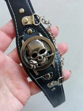 Reloj de pulsera de cuarzo con correa de cuero para hombre, cronógrafo Steampunk con tapa de Calavera, con cadena, 2019