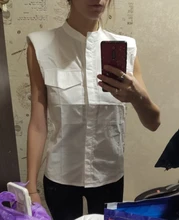 Womens Tops Blouses Padded Shoulder-Top Ootn-Stand-Collar Sleeveless Shirts Office Chic