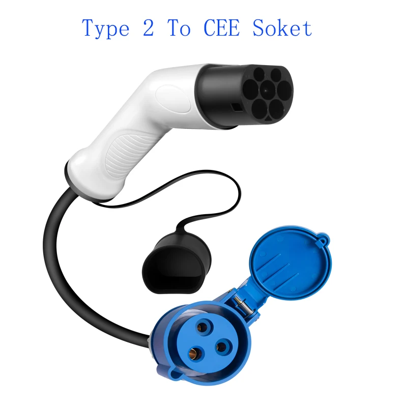 Зарядный кабель для электромобилей, портативный зарядный кабель для электромобилей типа 2 с синим адаптером CEE, 16 А и 32 А, кабель 0,5 м для быстрой зарядки электромобиля