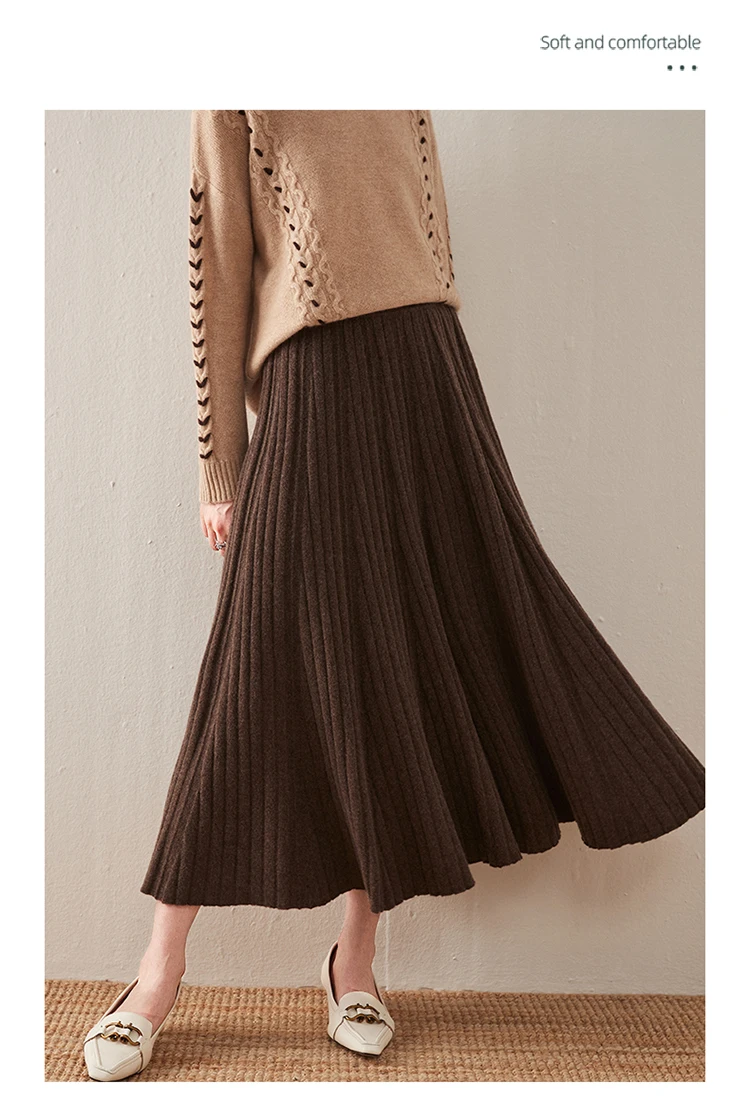 Autumn/Winter Hepburn style vintage black mercerized pure wool knit skirt with a high-waisted versatile pleated skirt
