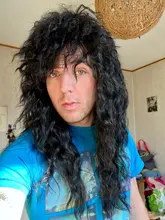 Gres-Peluca de cabello sintético largo para hombre y mujer, postizo de pelo femenino de Color negro, cabeza hinchada Punk para Halloween, fibra de alta temperatura