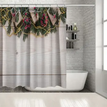 Present Boxes on Ornamented Fir Tree Branches and Golden Beads Wooden Table Photo Printed Beige Green Shower Curtain
Present Boxes on Ornamented Fir Tree Branches and Golden Beads Wooden Table Photo Printed Beige Green Shower Curtain