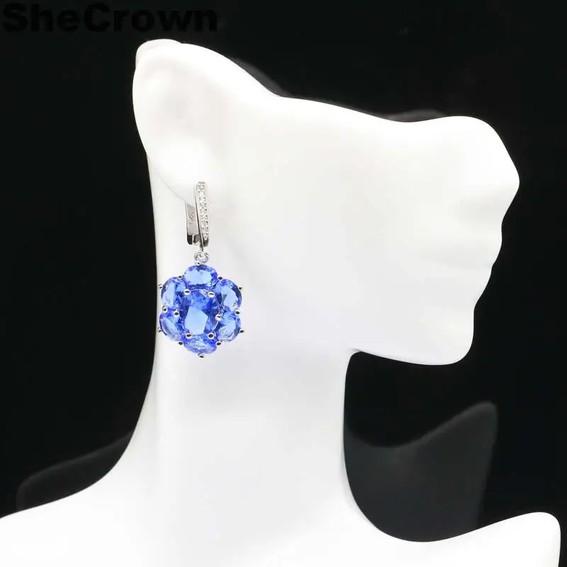 

38x17mm Beautiful Created Rich Blue Violet Tanzanite White CZ Gift For Girls Silver Earrings