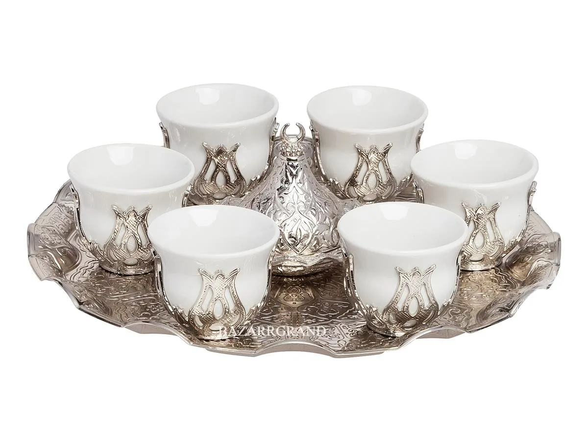 LUXURY TURKISH PORCELAIN COFFEE SET MIRRA SET FOR SIX PERSON - WHITE (METAL TRAY) GOLD-SILVER ROUND TRAY YOUR PLEASANT COFFEE S
LUXURY TURKISH PORCELAIN COFFEE SET MIRRA SET FOR SIX PERSON - WHITE (METAL TRAY) GOLD-SILVER ROUND TRAY YOUR PLEASANT COFFEE S