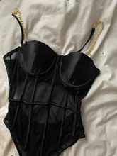 Criptográfico de malla negro Bodi transparente de cadena de Metal sin respaldo tirantes body Sexy Bodycon mono del Club de la moda de fiesta