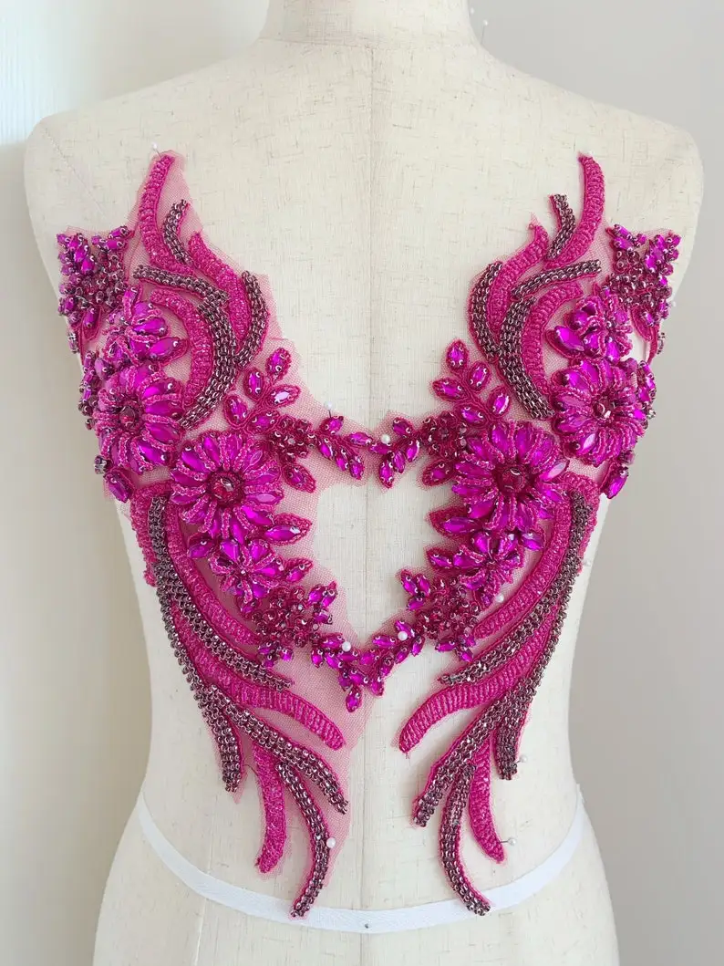 

Hot Pink Crystal Bodice Patch, Heavy Rhinestone Bead Applique For Couture and Dance Costume