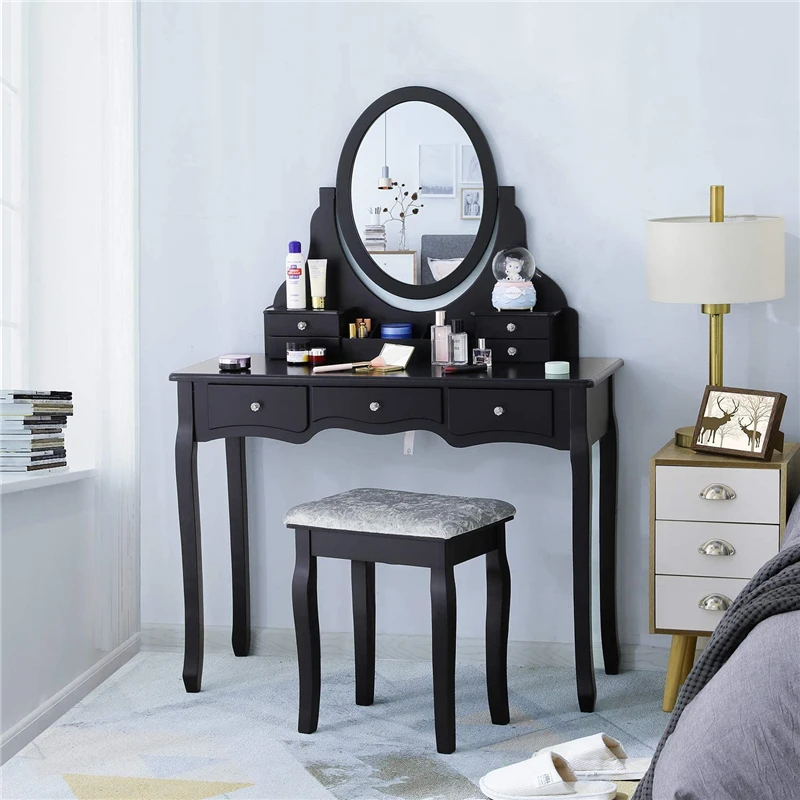 Wood Makeup Vanity Table Vanity Set with Cushioned Stool 7 Drawers Dressing Table with 1 Removable Organizer Oval Mirror Black
Wood Makeup Vanity Table Vanity Set with Cushioned Stool 7 Drawers Dressing Table with 1 Removable Organizer Oval Mirror Black