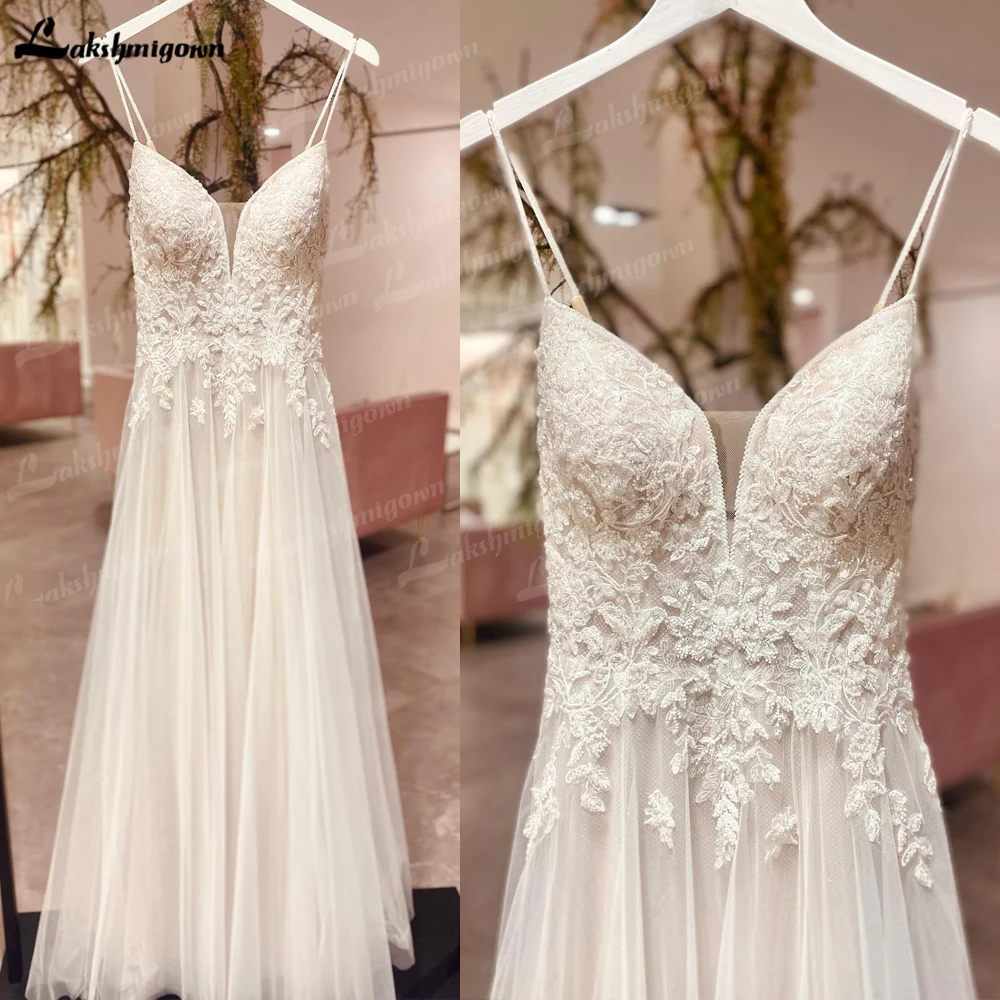 

Sexy Beach Wedding Dress 2022 Spaghetti Straps Robe Mariee Chic Lace Applique V neck Boho Wedding Dress Open Back Lakshmigown