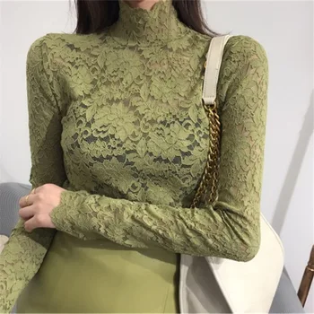 Lace turtleneck long-sleeved T-shirt fashion women elegant flower top 
Lace turtleneck long-sleeved T-shirt fashion women elegant flower top
