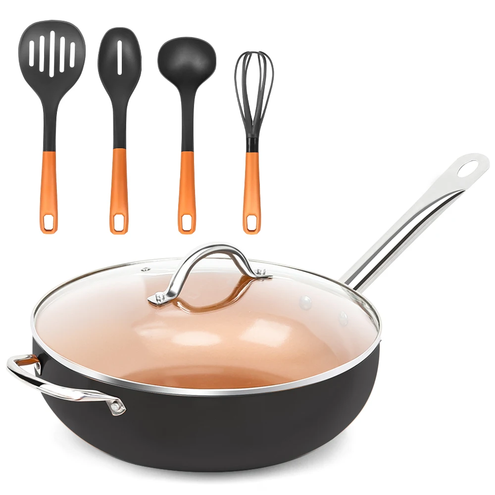 6-Piece Copper Cookware Set 12 inch Nonstick Woks and Stir Fry Pans with Lid +4 Piece Cooking Utensils
6-Piece Copper Cookware Set 12 inch Nonstick Woks and Stir Fry Pans with Lid +4 Piece Cooking Utensils