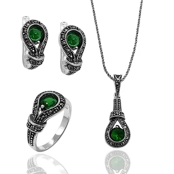 Emerald Gemstone Ribbon Model Marcasite Female Silver Jewelry Set 
Emerald Gemstone Ribbon Model Marcasite Female Silver Jewelry Set