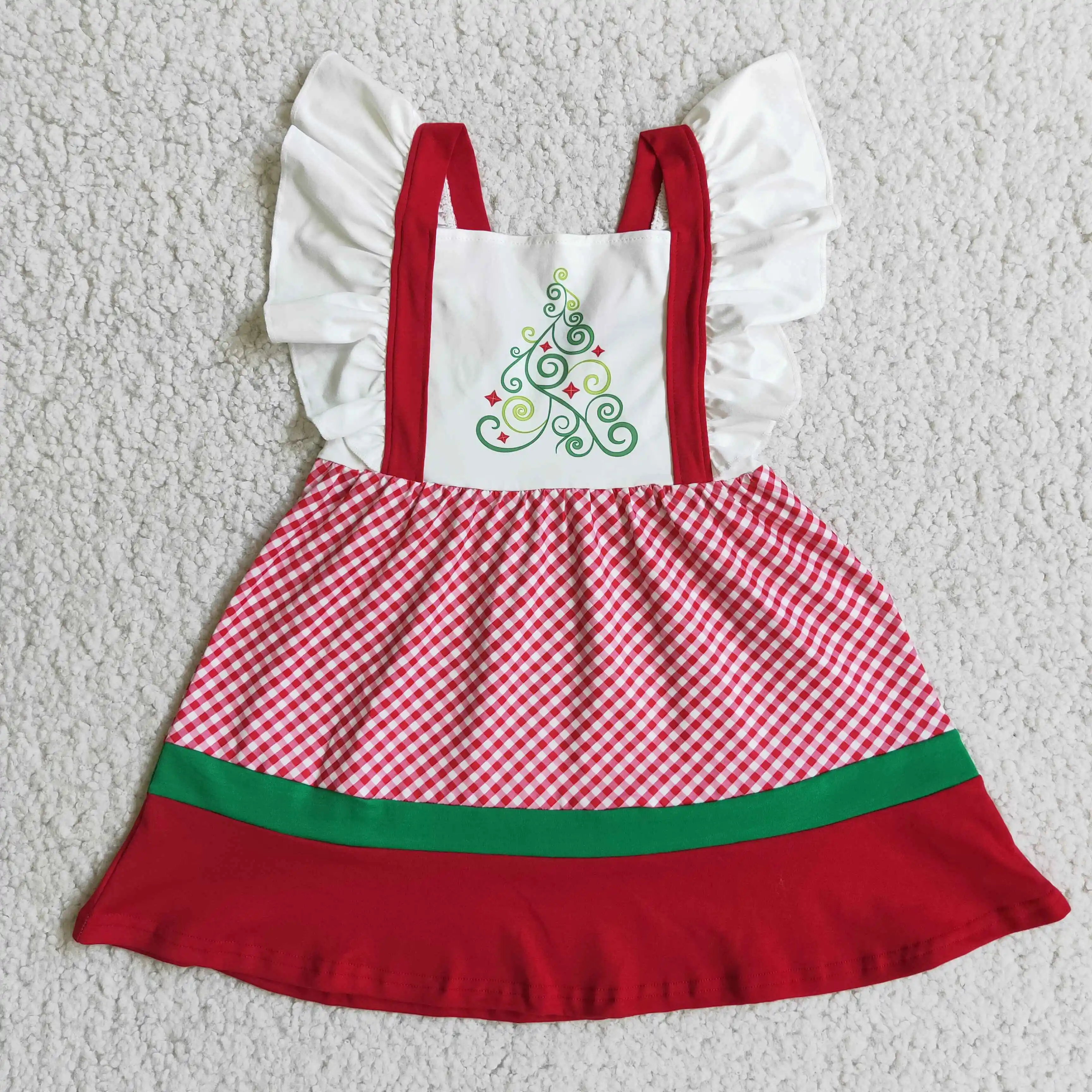 

Baby girl christmas dress red and white plaid print girl flutter sleeve backless dress boutique clothing design