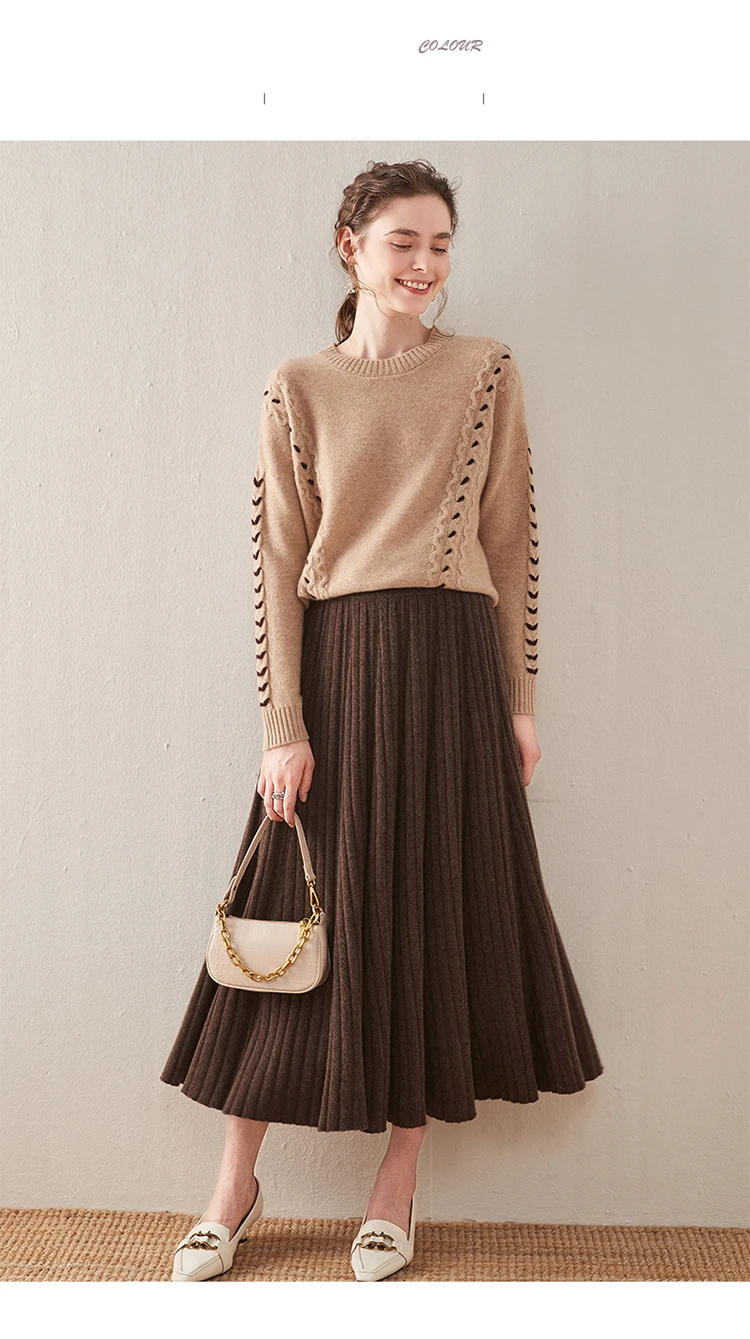Autumn/Winter Hepburn style vintage black mercerized pure wool knit skirt with a high-waisted versatile pleated skirt