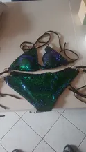 Nayooton-Conjunto de Bikini triangular con lentejuelas brillantes para mujer, ropa de playa Sexy con cordón, traje de baño de cuello alto cruzado con cuello Halter, traje de baño de cintura baja