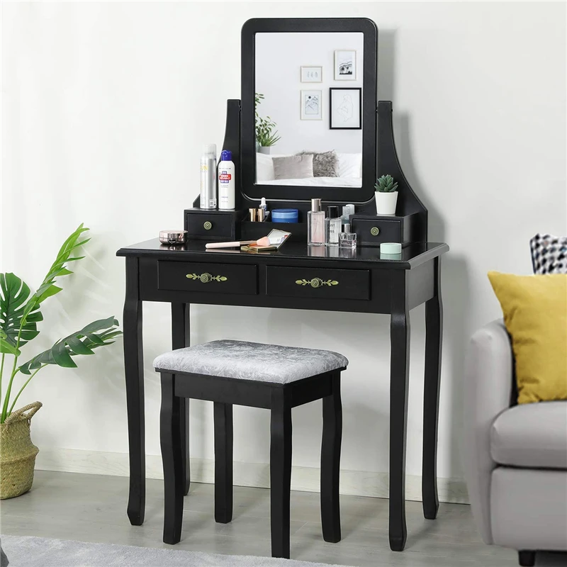 Durable 4 Drawers Makeup Table Vanity Set with Removable Storage Box Rectangular Mirror Dressing Table W/ Cushioned Bench Black
Durable 4 Drawers Makeup Table Vanity Set with Removable Storage Box Rectangular Mirror Dressing Table W/ Cushioned Bench Black