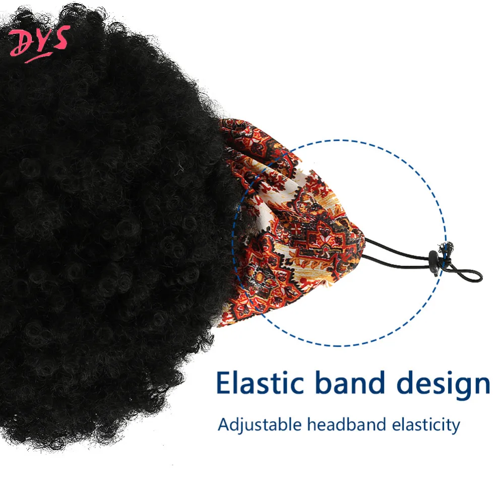 6Deyngs Turban Wrap-wig 2 in 1 Afro Puff Hairband Bun Drawstring Headwrap Synthetic Short Kinky Curly Headband Updo Wig for African American Women