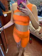 Kliou-Conjunto de dos piezas de color neón para mujer, con apertura top corto, pantalones cortos elásticos de cintura alta, chándal de verano