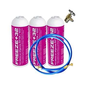 3 bottles Refrigerant Gas Freeze + 32 350Gr + Valve + Hose Organic Substitute R32/R410A 
3 bottles Refrigerant Gas Freeze + 32 350Gr + Valve + Hose Organic Substitute R32/R410A