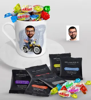 Personalized Men Biker Caricature Of Turkish Coffee Cup Selamlique Mixed Turkish Coffee house And Haribo Candy Gift set
Personalized Men Biker Caricature Of Turkish Coffee Cup Selamlique Mixed Turkish Coffee house And Haribo Candy Gift set