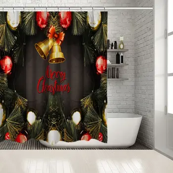 

Shower Curtain Merry Christmas Garland with Baubles Fir Tree Branches And Golden Bells Holiday Artwork Green Yellow Red