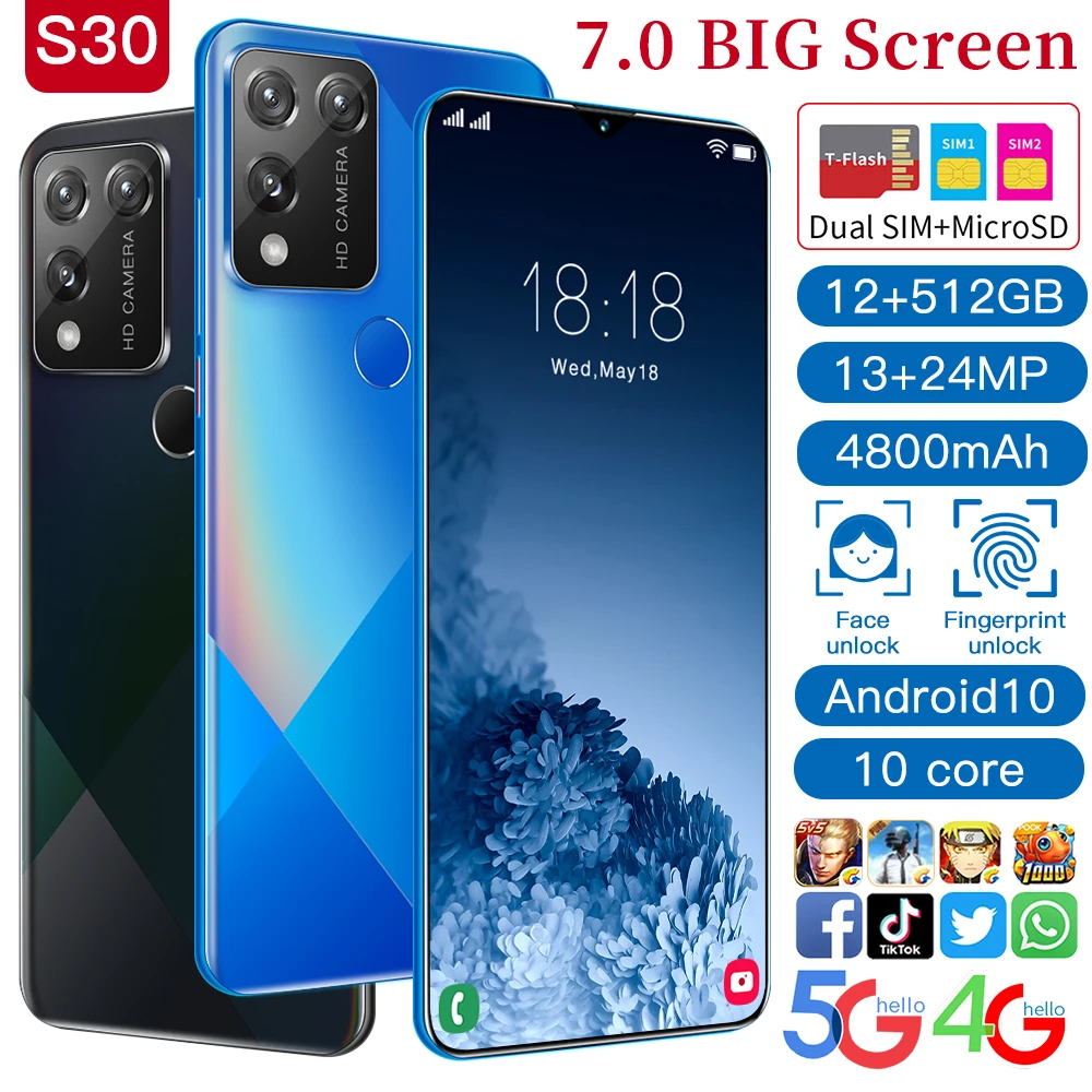 2020 Newest S30 Android10.0 Smartphone 12+512GB MTK 6899 10-Core Mobile Phone 7.0 inch HD+ Full Screen 24+48 Camera Cellphones
2020 Newest S30 Android10.0 Smartphone 12+512GB MTK 6899 10-Core Mobile Phone 7.0 inch HD+ Full Screen 24+48 Camera Cellphones