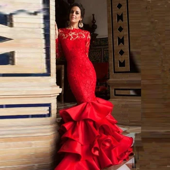 Sexy Backless Red Long Sleeve Prom Dresses Mermaid Lace Prom Gown Ruffles Skirt Party Dresses 2020 robe de soiree
Sexy Backless Red Long Sleeve Prom Dresses Mermaid Lace Prom Gown Ruffles Skirt Party Dresses 2020 robe de soiree