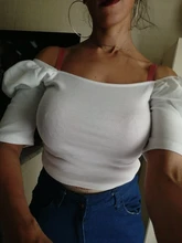 Womens Tops Blouses Shirt Puff-Sleeves Square Hot-Sale Collar Navel-Fashion Sexy Solid-Color