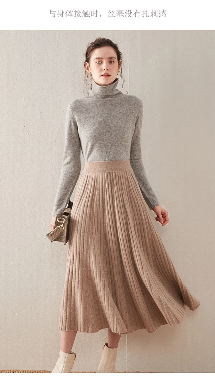 Autumn/Winter Hepburn style vintage black mercerized pure wool knit skirt with a high-waisted versatile pleated skirt