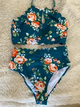 Two-Pieces Swimsuit Bikini-Sets Bathing-Suits Boho Cupshe Green FLORAL-HALTER High-Waist