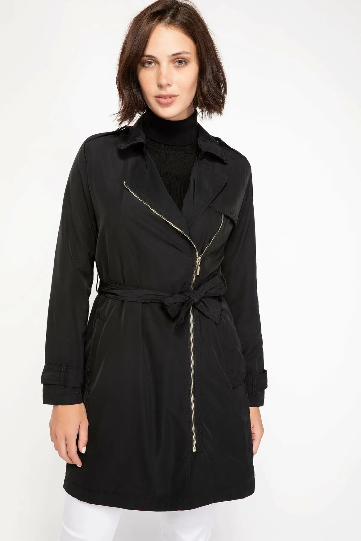 

Abrigo largo de moda de Otoño de mujer defact Color caqui negro cortavientos cinturón delgado para mujer-I6014AZ18AU