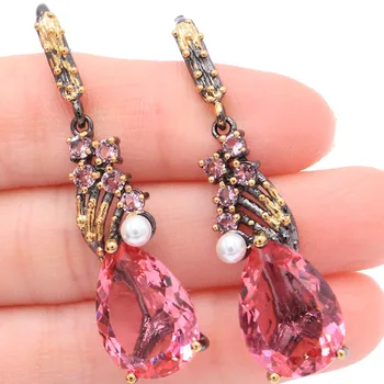 

50x13mm SheCrown Created 18x13mm Pink Morganite Tourmaline Vintage Black Gold Color Gothic Unique Jewelry Dropship Earrings