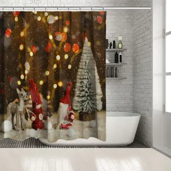 

Santa Claus And Pine Tree On Snow Bokeh With Light Romantic Christmas Scene Printed Red White Yellow Shower Curtain