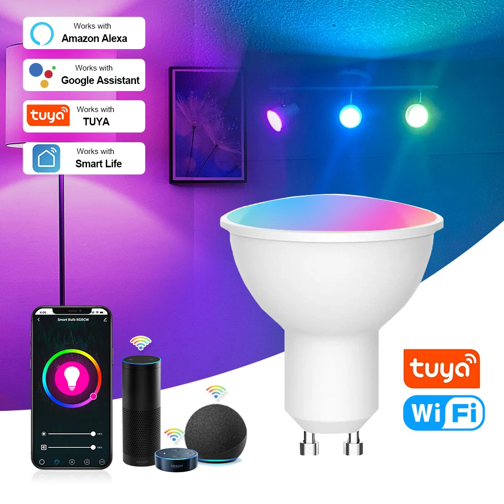 Tuya WiFi GU10 Led Light Bulbs 220V 110V Spotlight gu10 Smart 5W RGB CW WW Lamps Works For Alexa Amazon /Google Home | Лампы и