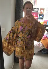 Kimono Shirt Blouse Tops Long-Cardigan Bohemian Yellow V-Neck Beach Women Flower-Print
