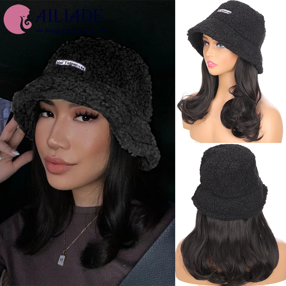 

AILIADE Long Synthetic Wavy Curly Wigs with Hat Autumn Winter Wool Bucket Hat Wigs For Women Black White Adjustable Cap Wig