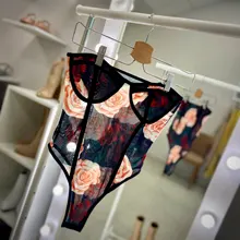 Cybill-Body de malla con estampado Floral para mujer, Body Sexy transparente de manga larga para fiesta y Club, Top de otoño