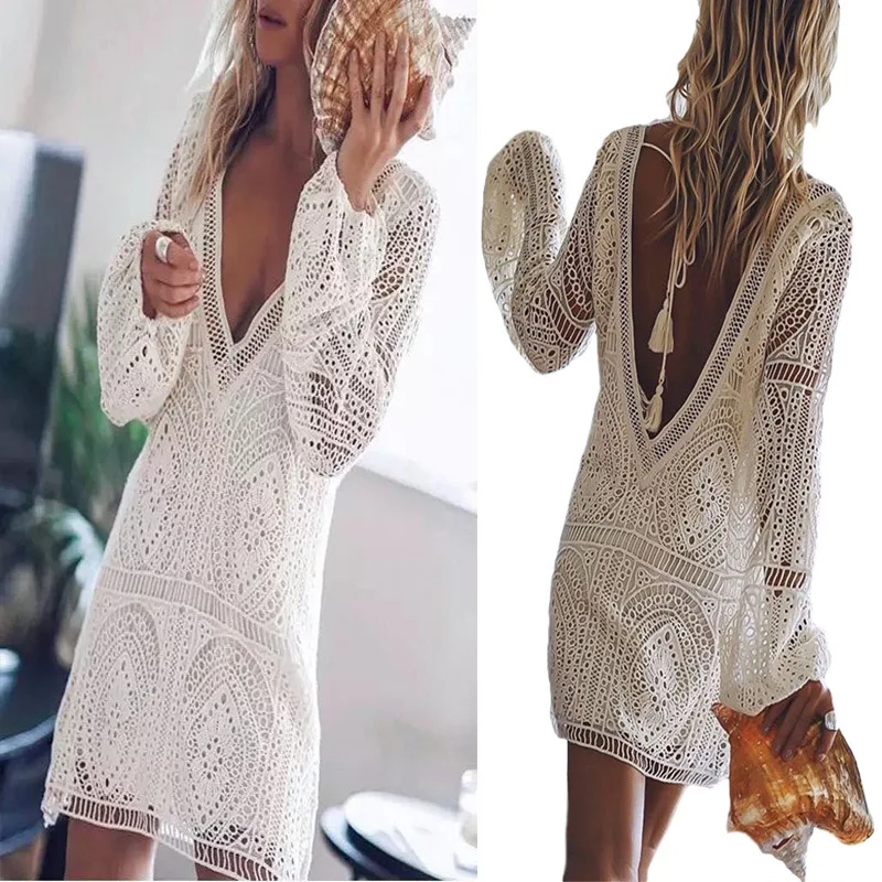 Women Sexy Boho Hollow Out Backless Deep V Neck White Beach Dress Long Sleeve Lace Up Tassel Loose Holiday Casual Mini Dress
Women Sexy Boho Hollow Out Backless Deep V Neck White Beach Dress Long Sleeve Lace Up Tassel Loose Holiday Casual Mini Dress