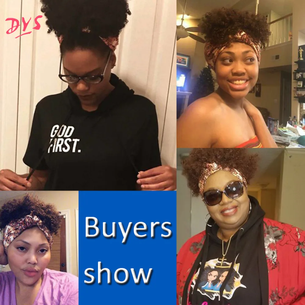 7Deyngs Turban Wrap-wig 2 in 1 Afro Puff Hairband Bun Drawstring Headwrap Synthetic Short Kinky Curly Headband Updo Wig for African American Women